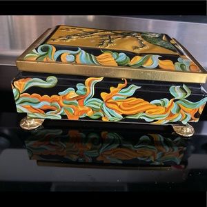 Vintage Fricke and Nacke Germany Footed Tin Green w/ Gold Raised Vinage